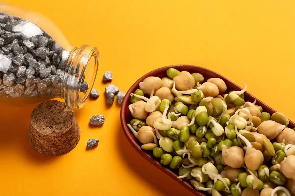 Aliments riches en fer : l&eacute;gumes verts, l&eacute;gumineuses et fruits secs sur une table