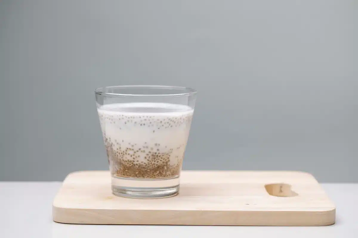 Verre d'eau avec graines de chia gonflées, boisson détox populaire