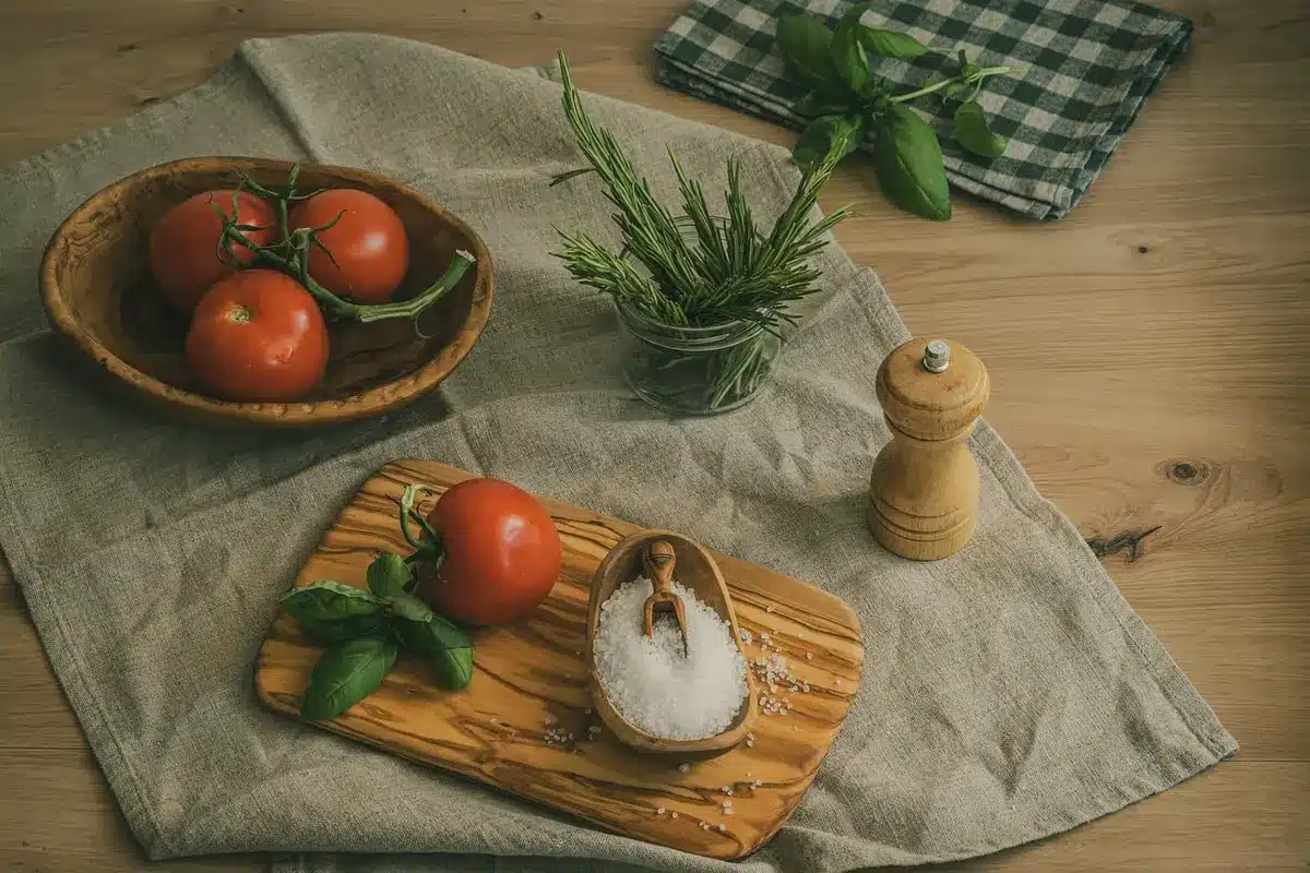 Ingrédients frais pour la recette : aubergines, thon, poivrons, tomates et herbes aromatiques