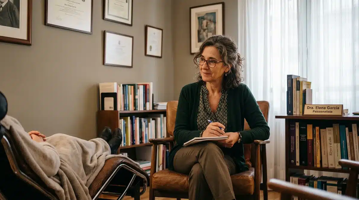 Cadre professionnel de consultation avec un psychologue ou psychiatre offrant un espace sécurisant
