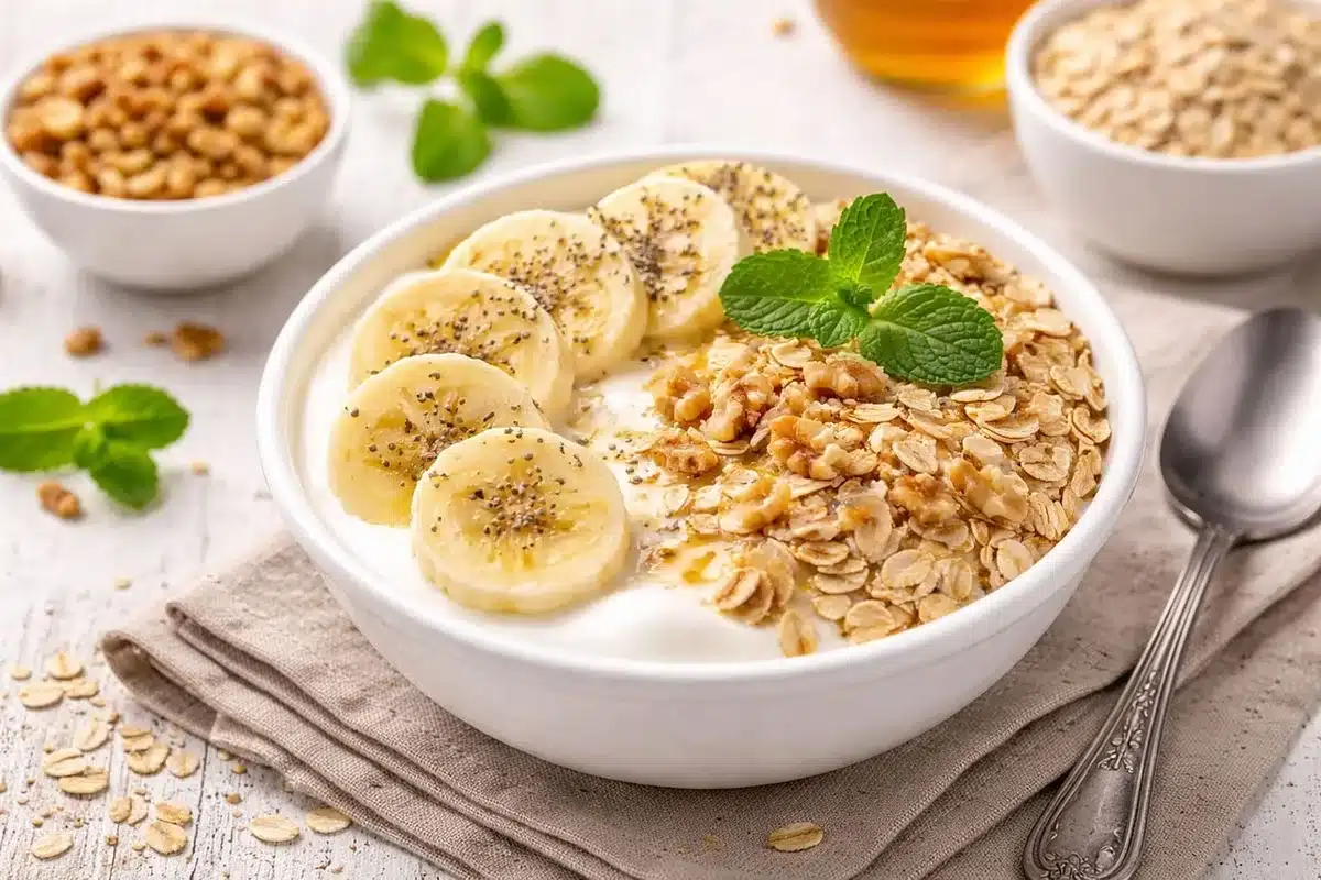 Petit-déjeuner équilibré avec protéines, yaourt et fruits pour stabiliser l'énergie