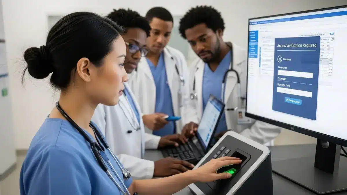 Salle de consultation lumineuse avec dossiers médicaux et stéthoscope sur un bureau